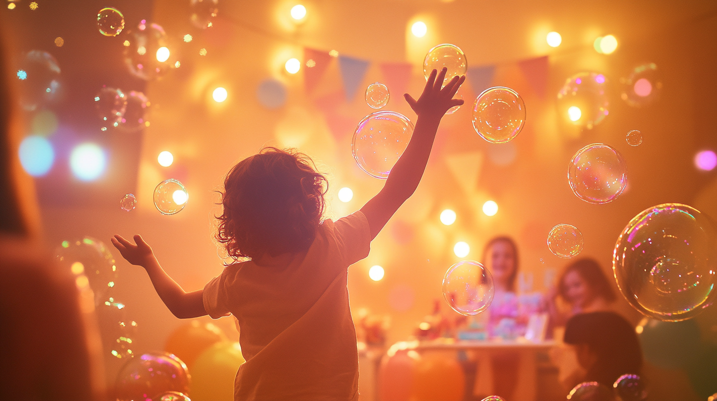 dziewczynka bawiąca się z bańkami mydlanymi 