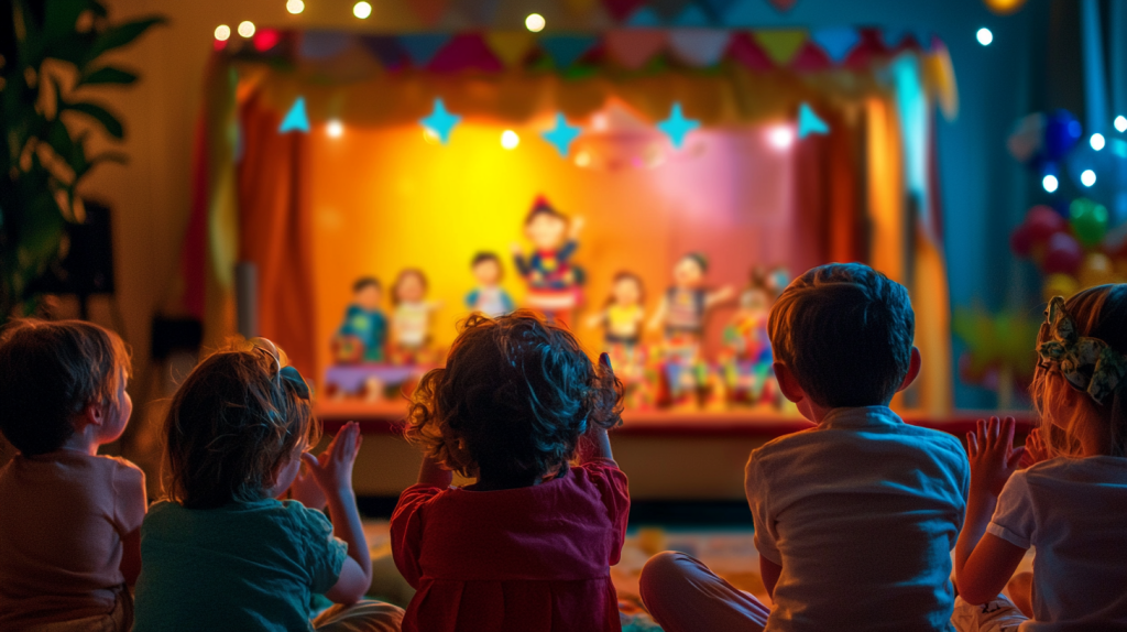 dzieci obserwujące przedstawienie w teatrze dla lalek