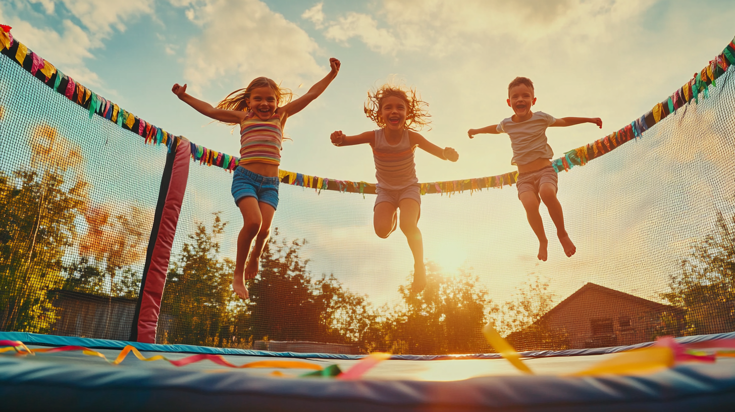 dzieci skaczące na trampolinie